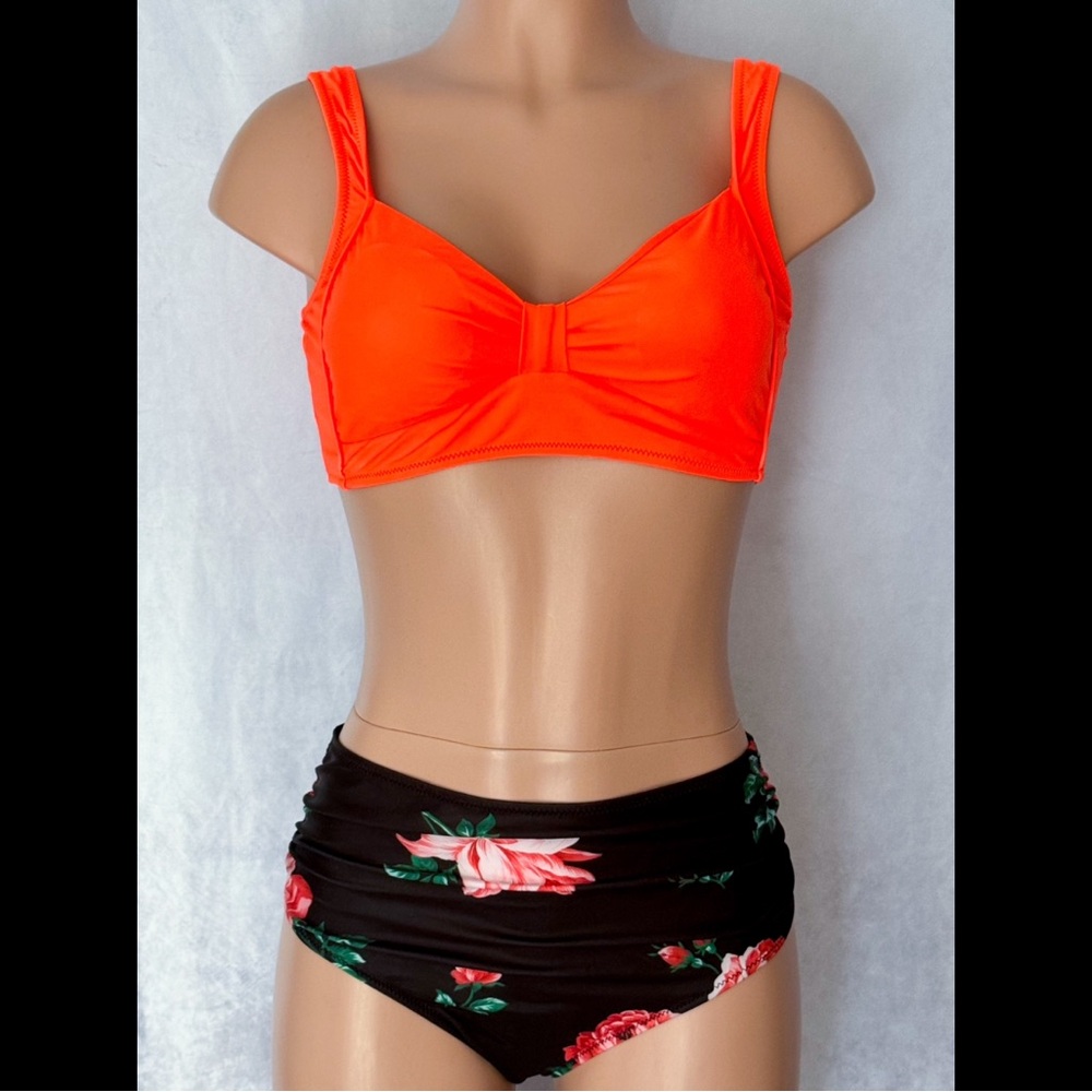 Orange & Black, Floral, Bikini Set